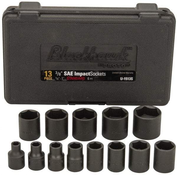 Blackhawk by Proto - 13 Piece 3/8" Drive Black Finish Impact Socket Set - 6 Points, 1/4" to 1" Range, Inch Measurement Standard - Americas Industrial Supply