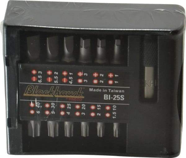 Blackhawk by Proto - 25 Piece, Screwdriver Insert Bit Set - #1, #2 & #3 Phillips, 1.5 to 6mm Hex, T10 to T40 Torx, #1, #2 & #3 Pozidriv, 5/32, 7/32 & 1/4" Slotted - Americas Industrial Supply