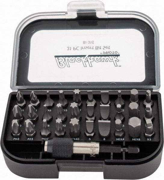 Blackhawk by Proto - 31 Piece, Screwdriver Insert Bit Set - #1, #2 & #3 Phillips, 2 to 8mm Hex, T6 to T40 Torx, #1, #2 & #3 Pozidriv, 1/8, 5/32, 3/16, 7/32, 1/4 & 9/32" Slotted - Americas Industrial Supply
