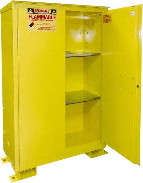 Securall Cabinets - 2 Door, 2 Shelf, Yellow Steel Standard Safety Cabinet for Flammable and Combustible Liquids - 69" High x 43" Wide x 18" Deep, Manual Closing Door, 3 Point Key Lock, 45 Gal Capacity - Americas Industrial Supply