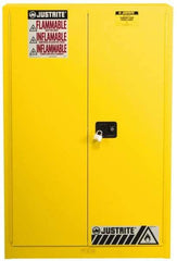 Justrite - 2 Door, 5 Shelf, Yellow Steel Standard Safety Cabinet for Flammable and Combustible Liquids - 65" High x 43" Wide x 18" Deep, Manual Closing Door, 3 Point Key Lock, 60 Gal Capacity - Americas Industrial Supply