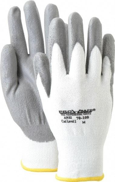 PRO-SAFE - Size M (8), ANSI Cut Lvl A2, Puncture Lvl 1, Abrasion Lvl 4, Polyurethane Coated HPPE Fiber Cut Resistant Gloves - 9" Long, Palm & Fingers Coated, HPPE Fiber Lining, Knit Wrist, White w/ Gray Coating, Paired - Americas Industrial Supply