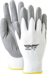 PRO-SAFE - Size M (8), ANSI Cut Lvl A2, Puncture Lvl 1, Abrasion Lvl 4, Polyurethane Coated HPPE Fiber Cut Resistant Gloves - 9" Long, Palm & Fingers Coated, HPPE Fiber Lining, Knit Wrist, White w/ Gray Coating, Paired - Americas Industrial Supply