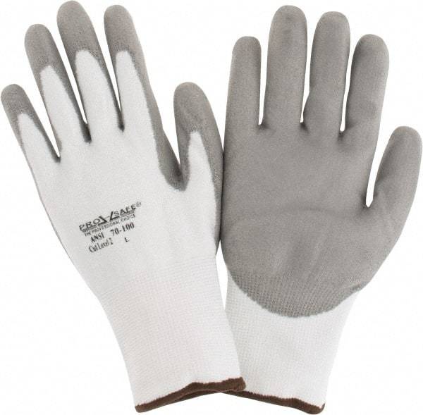 PRO-SAFE - Size L (9), ANSI Cut Lvl A2, Puncture Lvl 1, Abrasion Lvl 4, Polyurethane Coated HPPE Fiber Cut Resistant Gloves - 9" Long, Palm & Fingers Coated, HPPE Fiber Lining, Knit Wrist, White w/ Gray Coating, Paired - Americas Industrial Supply