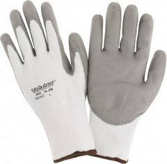 PRO-SAFE - Size L (9), ANSI Cut Lvl A2, Puncture Lvl 1, Abrasion Lvl 4, Polyurethane Coated HPPE Fiber Cut Resistant Gloves - 9" Long, Palm & Fingers Coated, HPPE Fiber Lining, Knit Wrist, White w/ Gray Coating, Paired - Americas Industrial Supply