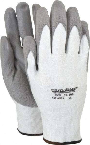 PRO-SAFE - Size XL (10), ANSI Cut Lvl A2, Puncture Lvl 1, Abrasion Lvl 4, Polyurethane Coated HPPE Fiber Cut Resistant Gloves - 9" Long, Palm & Fingers Coated, HPPE Fiber Lining, Knit Wrist, White w/ Gray Coating, Paired - Americas Industrial Supply