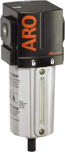 ARO/Ingersoll-Rand - 3/4" Port, 7.913" High x 2.874" Wide Standard Filter with Metal Bowl, Automatic Drain - 216 SCFM, 250 Max psi, 175°F Max Temp, Sight Glass Included, Modular Connection, 2.8 oz Bowl Capacity - Americas Industrial Supply