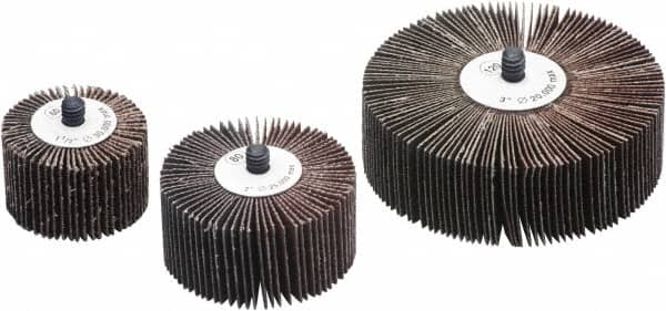 Camel Grinding Wheels - 3" Diam x 1" Face Width, Medium Aluminum Oxide Coated Mounted Flap Wheel - 1/4-20 Threaded Mount, 40 Grit, X Weighted Cloth Backing, 20,000 Max RPM - Americas Industrial Supply