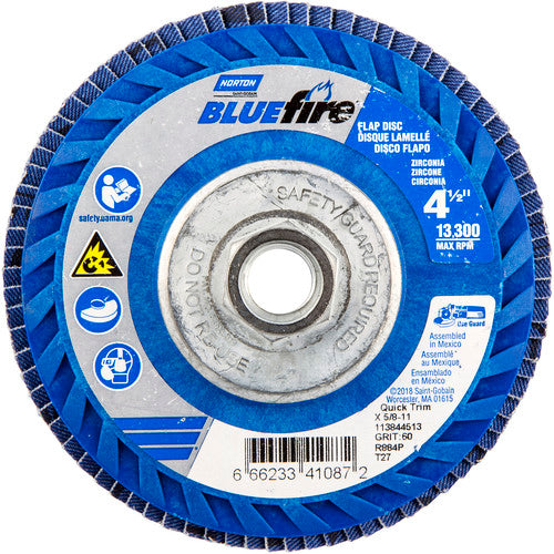 ‎4-1/2 × 5/8 - 11″ BlueFire Plastic Flat Flap Disc Type 27 P60 Grit R884V1 Zirconia Alumina - Americas Industrial Supply