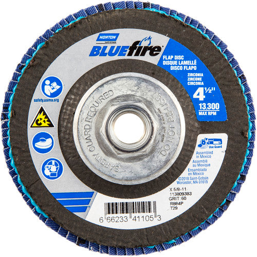 ‎4-1/2 × 5/8 - 11″ BlueFire Fiberglass Conical Flap Disc Type 29 P60 Grit R884V1 Zirconia Alumina - Americas Industrial Supply