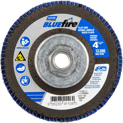 ‎4-1/2 × 5/8 - 11″ BlueFire Fiberglass Conical Flap Disc Type 29 P80 Grit R884V1 Zirconia Alumina - Americas Industrial Supply