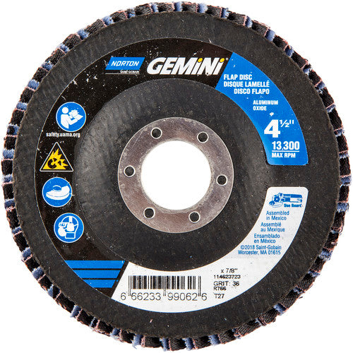 ‎4-1/2 × 7/8″ Gemini Fiberglass HD Flat Flap Disc Type 27 P36 Grit R766 Zirconia Alumina - Americas Industrial Supply
