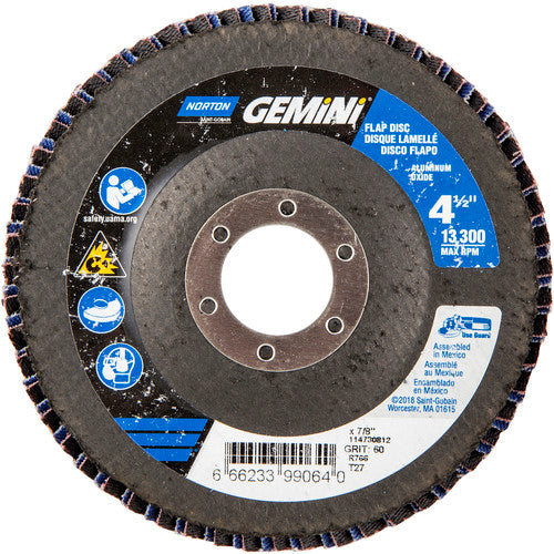 ‎4-1/2 × 7/8″ Gemini Fiberglass HD Flat Flap Disc Type 27 P60 Grit R766 Zirconia Alumina - Americas Industrial Supply