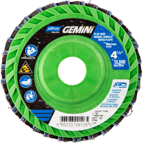 ‎4-1/2 × 7/8″ Gemini Plastic Flat Flap Disc Type 27 P36 Grit R766 Zirconia Alumina - Americas Industrial Supply
