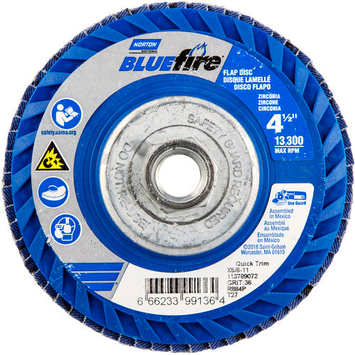 ‎4-1/2 × 5/8 - 11″ BlueFire Plastic Flat Flap Disc Type 27 P36 Grit R884P Zirconia Alumina - Americas Industrial Supply
