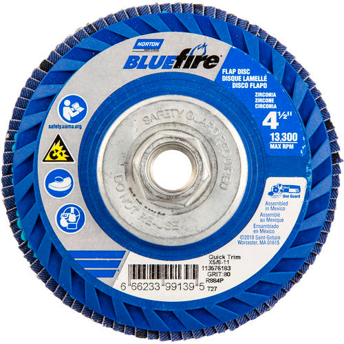 ‎4-1/2 × 5/8 - 11″ BlueFire Plastic Flat Flap Disc Type 27 P80 Grit R884P Ceramic Alumina - Americas Industrial Supply
