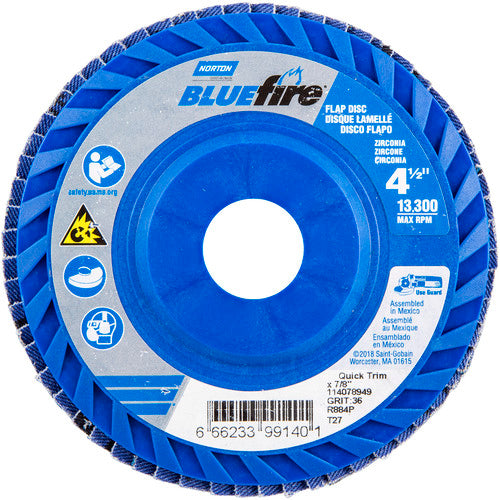 ‎4-1/2 × 7/8″ BlueFire Plastic Flat Flap Disc Type 27 P36 Grit R884P Zirconia Alumina - Americas Industrial Supply