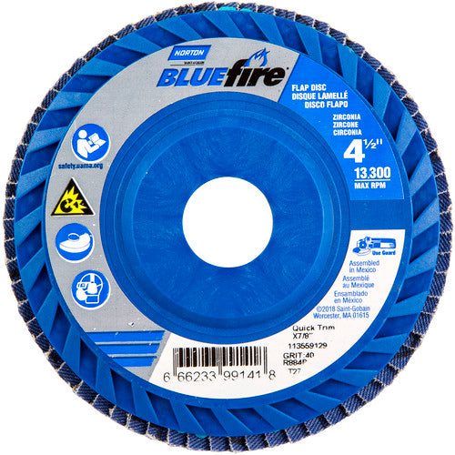 ‎4-1/2 × 7/8″ BlueFire Plastic Flat Flap Disc Type 27 P40 Grit R884P Zirconia Alumina - Americas Industrial Supply