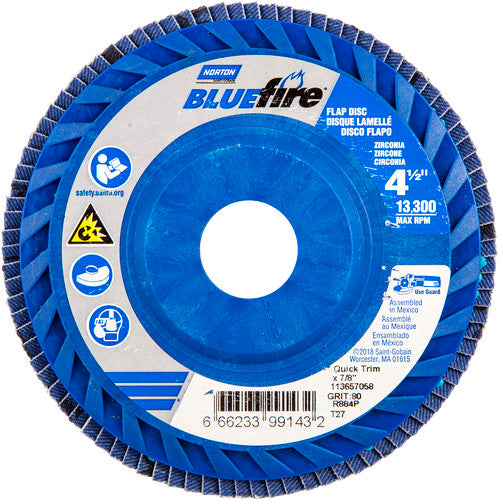 ‎4-1/2 × 7/8″ BlueFire Plastic Flat Flap Disc Type 27 P80 Grit R884P Ceramic Alumina - Americas Industrial Supply