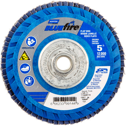 ‎5 × 5/8 - 11″ BlueFire Plastic Flat Flap Disc Type 27 P36 Grit R884P Zirconia Alumina - Americas Industrial Supply