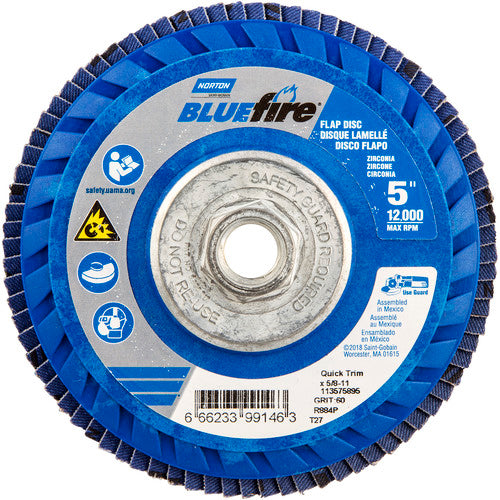 ‎5 × 5/8 - 11″ BlueFire Plastic Flat Flap Disc Type 27 P60 Grit R884P Zirconia Alumina - Americas Industrial Supply