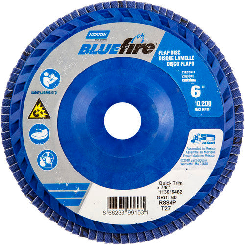 6 × 7/8″ BlueFire Plastic Flat Flap Disc Type 27 P60 Grit R884P Zirconia Alumina - Americas Industrial Supply