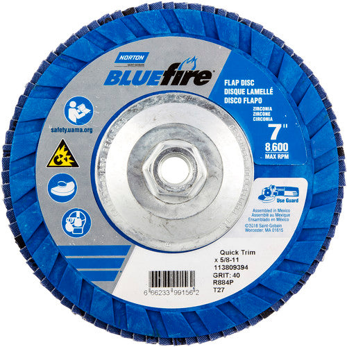 ‎7 × 5/8 - 11″ BlueFire Plastic Flat Flap Disc Type 27 P40 Grit R884P Zirconia Alumina - Americas Industrial Supply