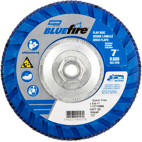 ‎7 × 5/8 - 11″ BlueFire Plastic Flat Flap Disc Type 27 P60 Grit R884P Zirconia Alumina - Americas Industrial Supply