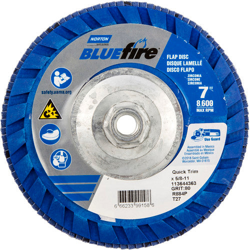 ‎7 × 5/8 - 11″ BlueFire Plastic Flat Flap Disc Type 27 P80 Grit R884P Zirconia Alumina - Americas Industrial Supply