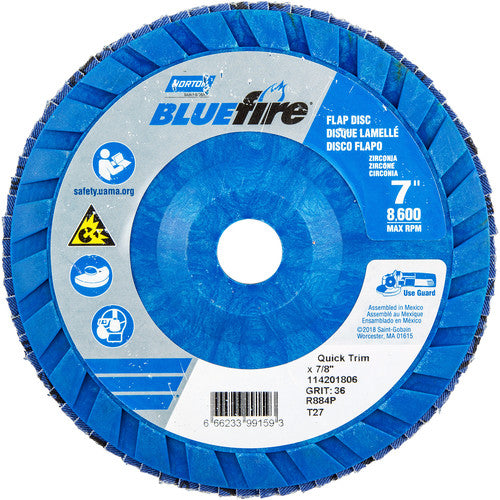 7 × 7/8″ BlueFire Plastic Flat Flap Disc Type 27 P36 Grit R884P Zirconia Alumina - Americas Industrial Supply