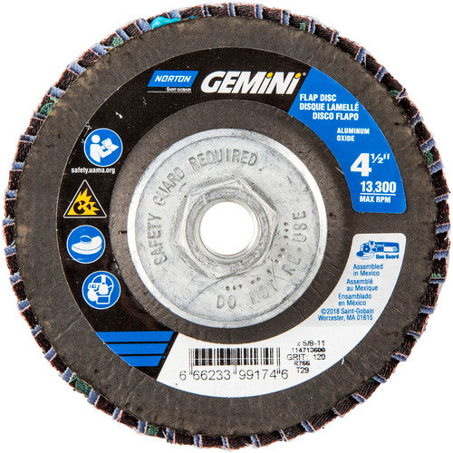 ‎4-1/2 × 5/8 - 11″ Gemini Fiberglass Conical Flap Disc Type 29 P120 Grit R766 Zirconia Alumina - Americas Industrial Supply