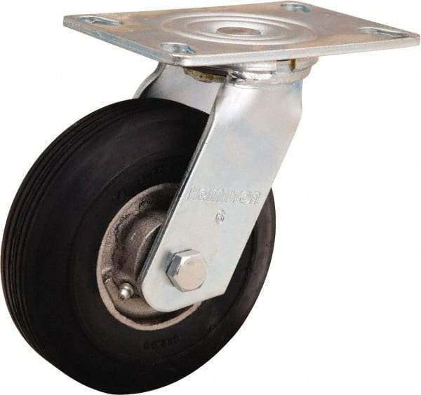 Hamilton - 6" Diam x 2" Wide, Rubber Swivel Caster - 300 Lb Capacity, Top Plate Mount, 4-1/2" x 6-1/4" Plate, Straight Roller Bearing - Americas Industrial Supply