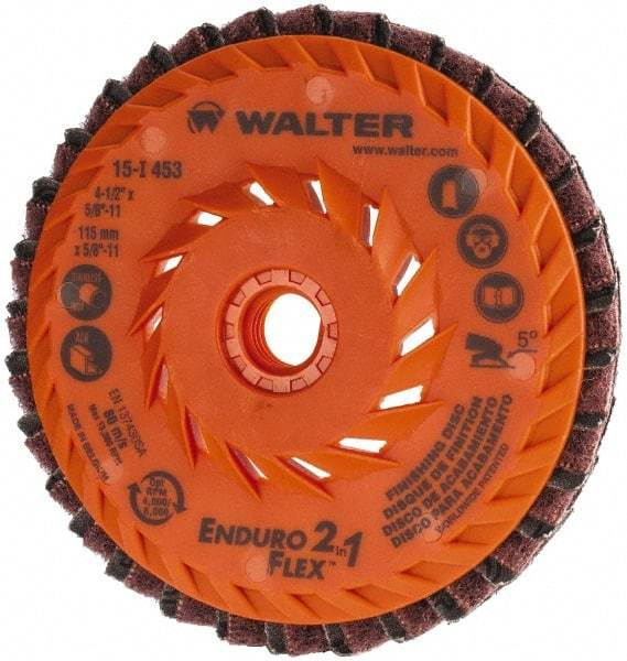 WALTER Surface Technologies - 150 Grit, 4-1/2" Disc Diam, 5/8-11 Center Hole, Type 27 Aluminum Oxide Flap Disc - 13,300 Max RPM, Plastic Backing, Arbor Attaching System, Coated & Non-Woven Combo - Americas Industrial Supply