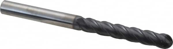 SGS - 1/2" Diam, 3" LOC, 4 Flute Solid Carbide Ball End Mill - AlTiN Finish, Single End, 6" OAL, 1/2" Shank Diam, Spiral Flute - Americas Industrial Supply