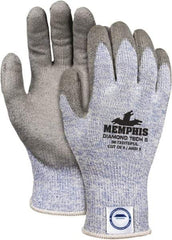 MCR Safety - Size S (7), ANSI Cut Lvl 5, Polyurethane Coated Dyneema Cut Resistant Gloves - 9.05" Long, Palm & Fingertips Coated, Elastic Cuff, Gray/Blue, Paired - Americas Industrial Supply