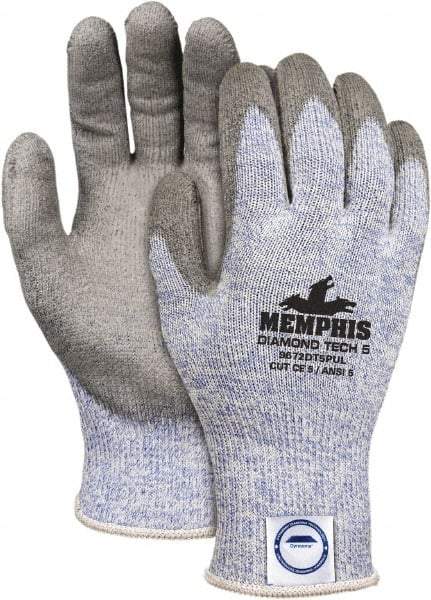 MCR Safety - Size M (8), ANSI Cut Lvl 5, Polyurethane Coated Dyneema Cut Resistant Gloves - 9.64" Long, Palm & Fingertips Coated, Elastic Cuff, Gray/Blue, Paired - Americas Industrial Supply
