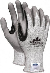 MCR Safety - Size S (7), ANSI Cut Lvl 2, Polyurethane Coated Dyneema Cut Resistant Gloves - 12.4" Long, Palm & Fingertips Coated, Elastic Cuff, Gray/Black, Paired - Americas Industrial Supply