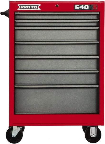 Proto - 7 Drawer Steel Tool Roller Cabinet - 27" Wide x 52" High x 18" Deep, Ball Bearing Drawer Slides, Safety Red/Gray - Americas Industrial Supply