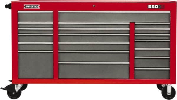 Proto - 20 Drawer Mobile Workstation - 67" Wide x 25-1/4" Deep x 41" High, Steel, Safety Red & Gray - Americas Industrial Supply