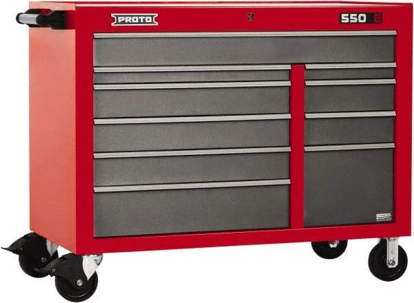 Proto - 10 Drawer Mobile Workstation - 50" Wide x 25-1/4" Deep x 41" High, Steel, Safety Red & Gray - Americas Industrial Supply
