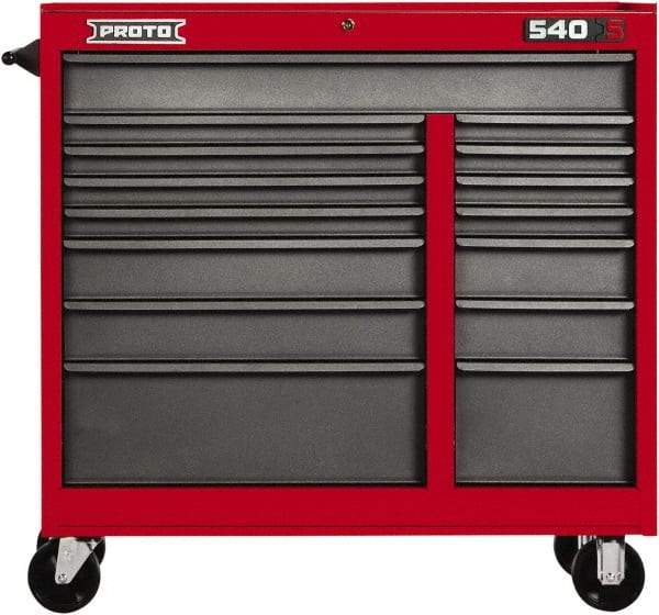 Proto - 15 Drawer Mobile Workstation - 41" Wide x 18" Deep x 42" High, Steel, Safety Red & Gray - Americas Industrial Supply