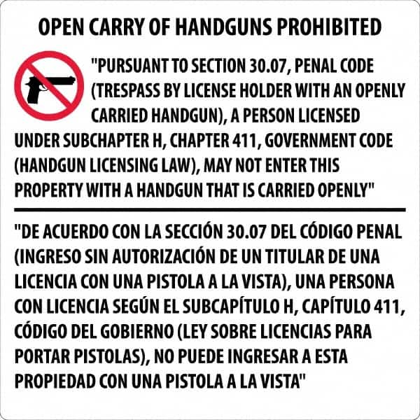 NMC - "Open Carry of Handguns Prohibited", 30" Long x 30" Wide, Aluminum Safety Sign - Square, 0.118" Thick, Use for Accident Prevention - Americas Industrial Supply
