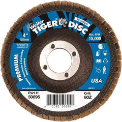 Weiler - 80 Grit, 4" Disc Diam, 5/8" Center Hole, Type 27 Zirconia Alumina Flap Disc - 15,000 Max RPM, Phenolic Backing, Arbor Attaching System, Coated - Americas Industrial Supply