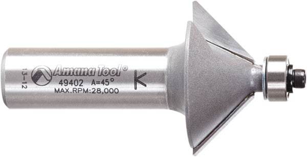 Amana Tool - 1-1/4" Cut Diam, 1/2" Length of Cut, 2 Flute Chamfer Edge Profile Router Bit - Carbide-Tipped, 1/2" Shank Diam, 2-3/8" OAL, Uncoated - Americas Industrial Supply