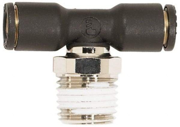 Coilhose Pneumatics - 3/8" OD, 1/4 NPT, Glass Reinforced Nylon/Nickel Plated Brass Push-to-Connect Male Swivel Branch Tee - 225 Max psi - Americas Industrial Supply