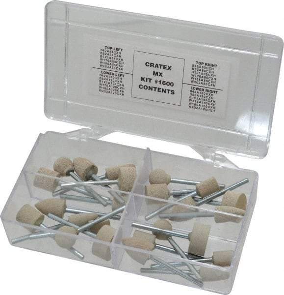 Cratex - 28 Piece Rubber Mounted Abrasive Wheel Set - Includes Shapes B121, B42, B52, W176, W185 & W202 - Americas Industrial Supply