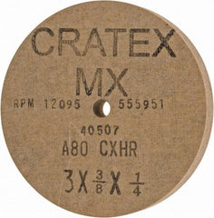 Cratex - 3" Diam x 1/4" Hole x 3/8" Thick, 80 Grit Surface Grinding Wheel - Aluminum Oxide, Type 1, Medium Grade, 12,095 Max RPM, No Recess - Americas Industrial Supply