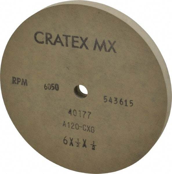 Cratex - 6" Diam x 1/2" Hole x 1/2" Thick, 120 Grit Surface Grinding Wheel - Aluminum Oxide, Type 1, Fine Grade, 6,050 Max RPM, No Recess - Americas Industrial Supply