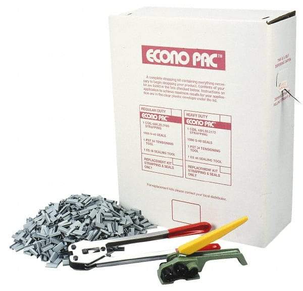 Value Collection - 9,000 Inch Long x 1/2 Inch Wide x 0.015 Inch Thick, Heavy Duty Polyproylene Strapping Kit - 400 Lbs Tensile Strength, Contains Self Dispensing Box, White Polypropylene Strapping, 1000 Seals, Tensioner Tool and Crimper Tool - Americas Industrial Supply