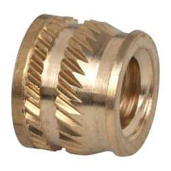 E-Z LOK - 1/4-20, 0.349" Small to 0.363" Large End Hole Diam, Brass Single Vane Tapered Hole Threaded Insert - 3/8" Insert, 0.354" Pilot Diam, 0.3" OAL, 0.194" Min Wall Thickness - Americas Industrial Supply